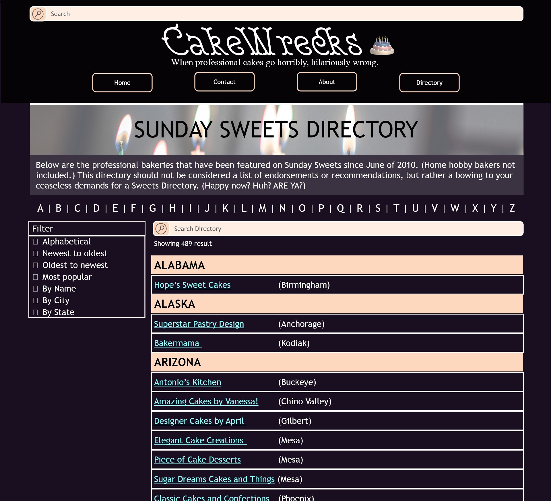 Screenshot of directory webpage for CakeWrecks.com