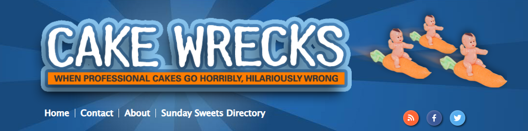 Screenshot of Cake Wrecks header on blue background, image of fake babies riding carrots to the right