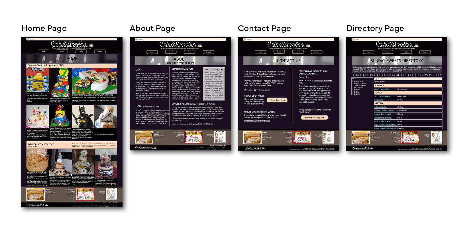 Each page of redesign: home, about, contact and directory