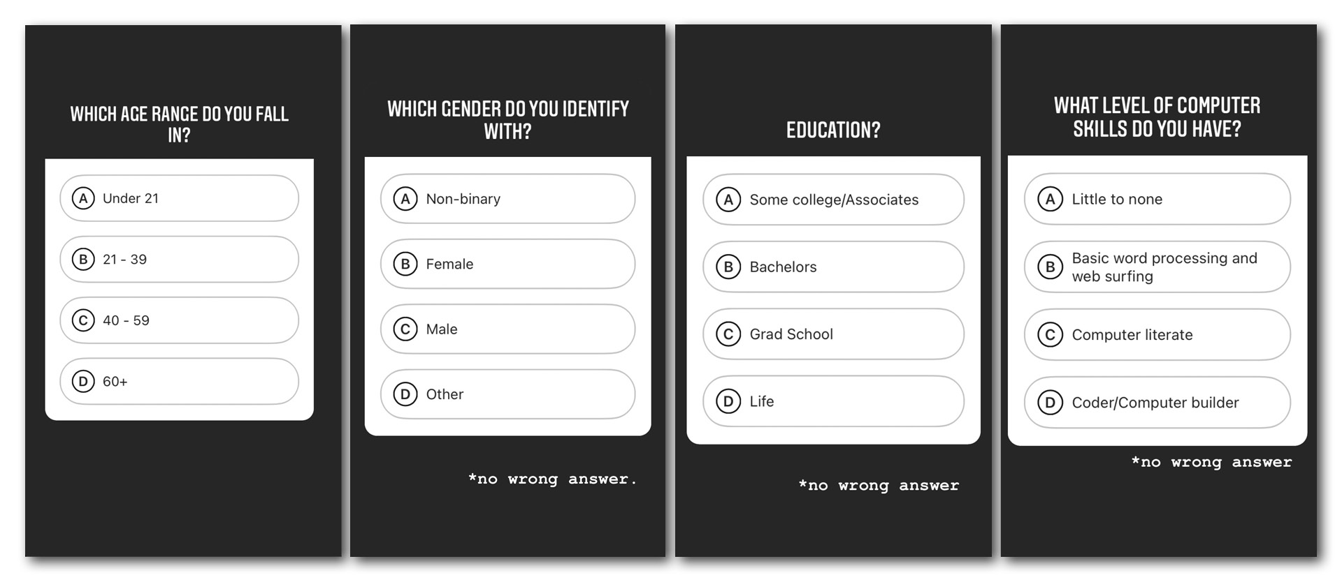 Screemshots of demographic survey questions