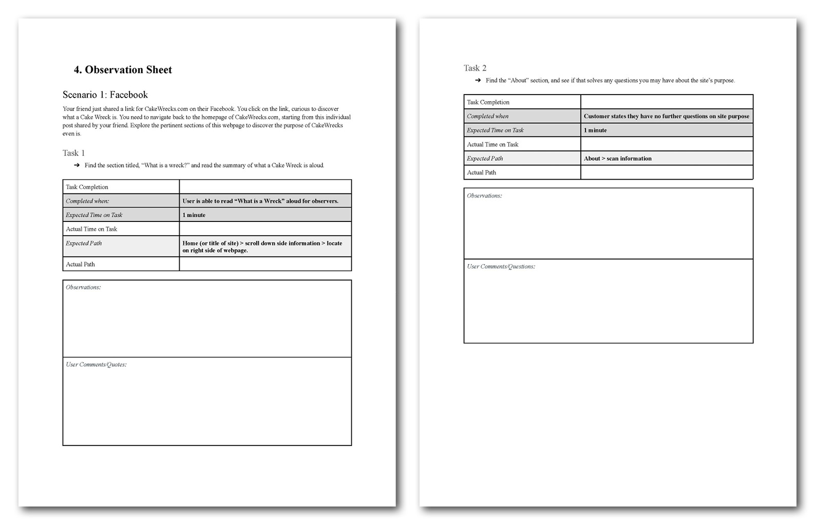 Two pages of usabilty testing tasks/ scenarios worksheet