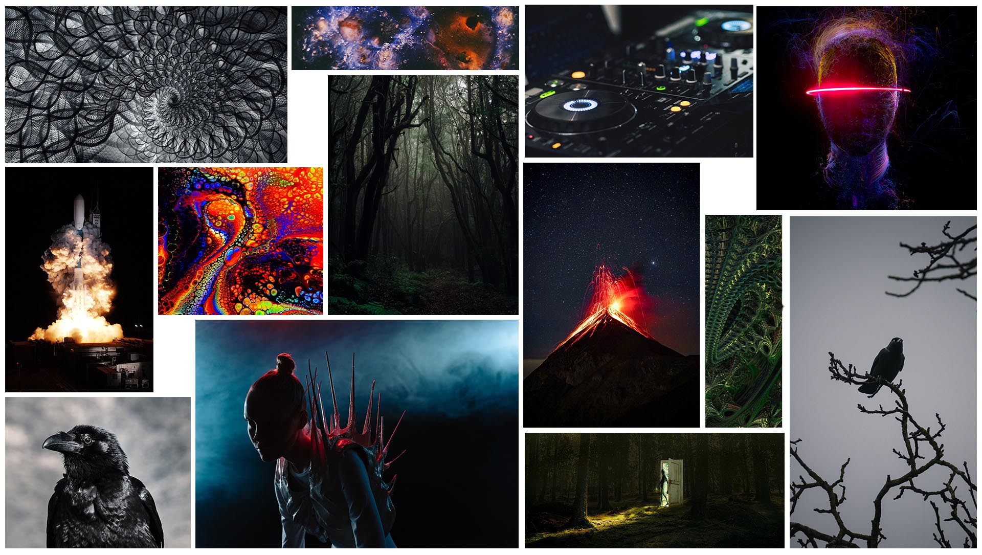 Dark and psychedelic-esque grid of images with pops of neon colors