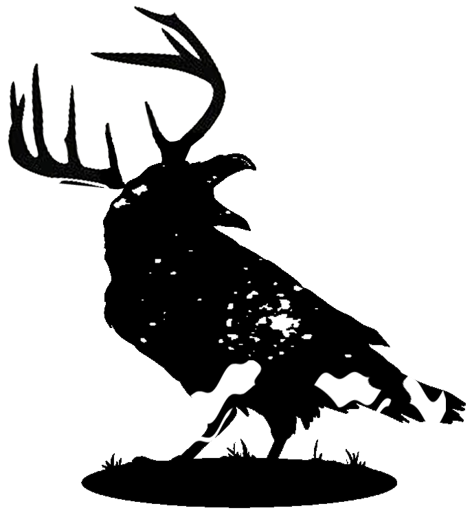 Black silhouette logo of a raven with antlers