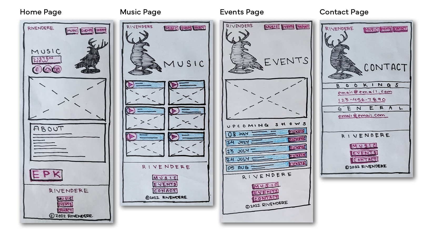 Hand drawn wireframes, 4 column format including home page, music page, event page, and contact page