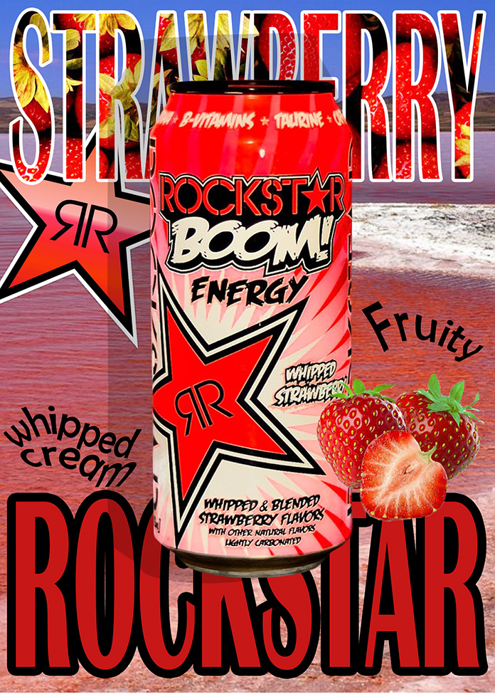 Pink and red colored poster of an energy drink can on a beach