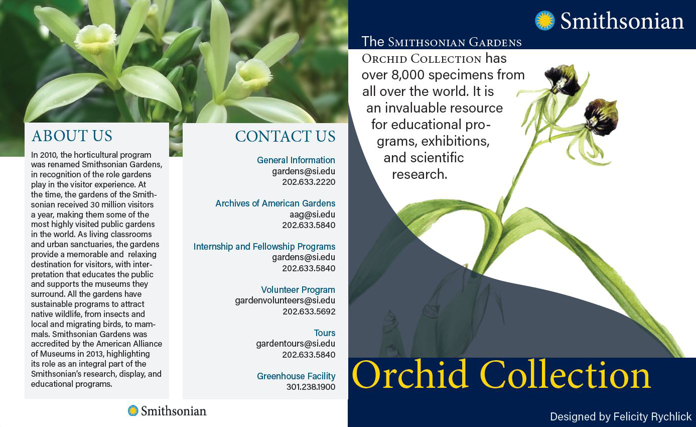 Four page brochure of Smithsonian Museum's Orchid Collection. Images of orchid flowers, and text.