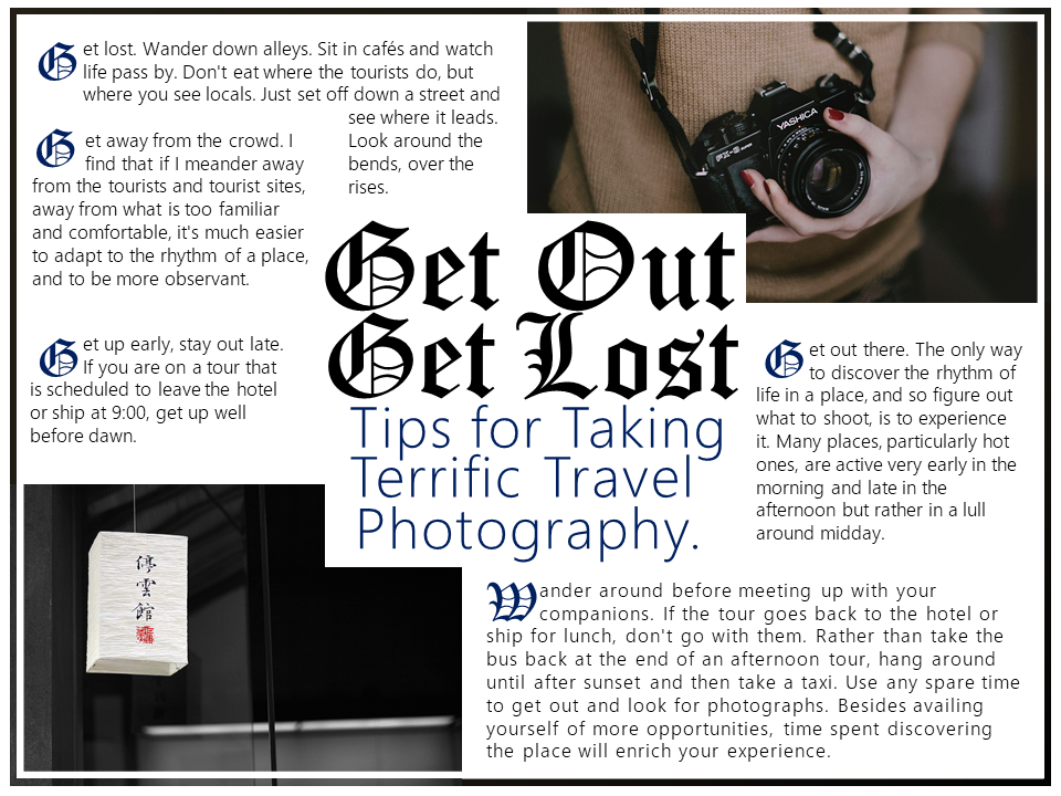 Short article including text about how to take terrific travel photography, and two images, one of a camera, and one of a paper lantern. White background.