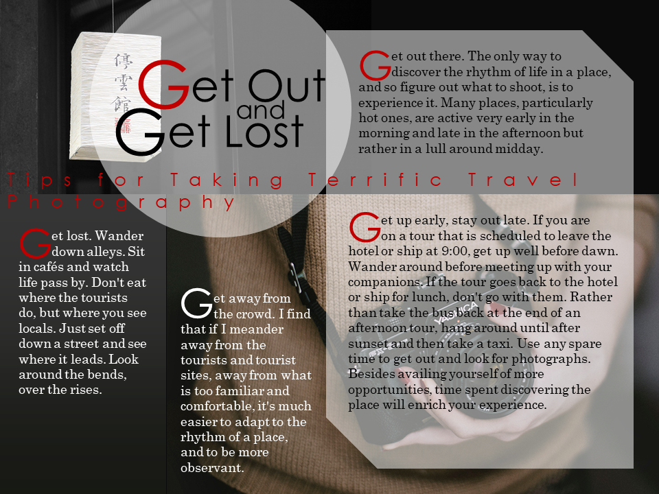 several column layout including photos of camera and latern, overlaid with several paragraphs of text about how to take tips for terrific travel photography.