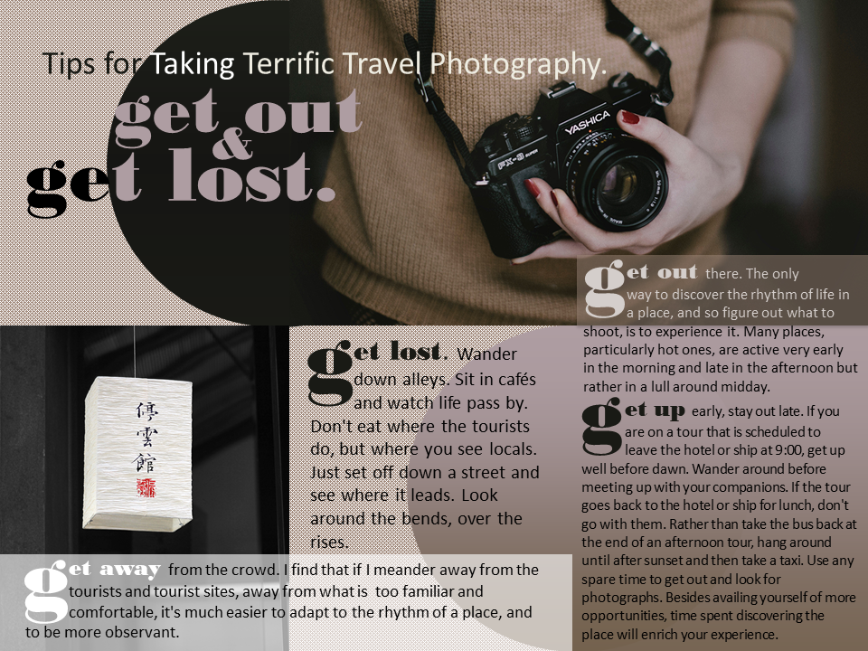 Short article including text about how to take terrific travel photography, and two images, one of a camera, and one of a paper lantern. Brown textured background.